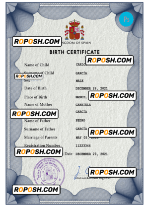 Spain vital record birth certificate PSD template, fully editable
