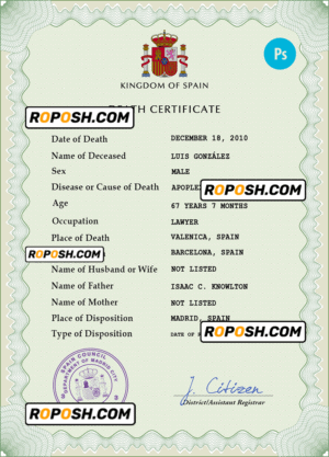 Spain death certificate PSD template, completely editable