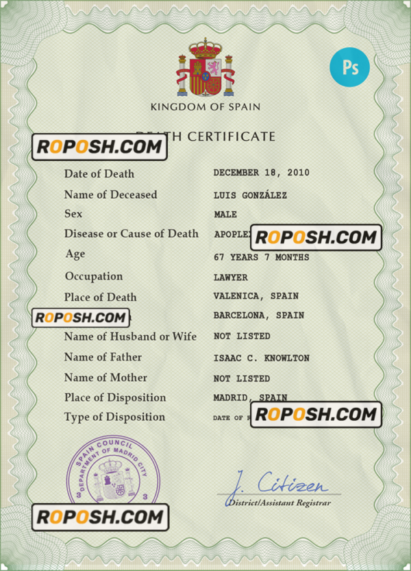 Spain death certificate PSD template, completely editable scan effect
