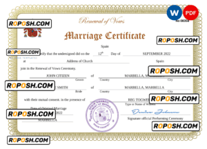 Spain marriage certificate Word and PDF template, fully editable
