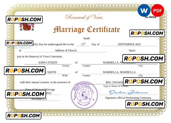 Spain marriage certificate Word and PDF template, fully editable