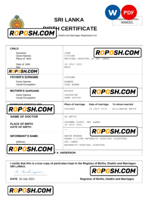 Sri Lanka vital record birth certificate Word and PDF template, completely editable