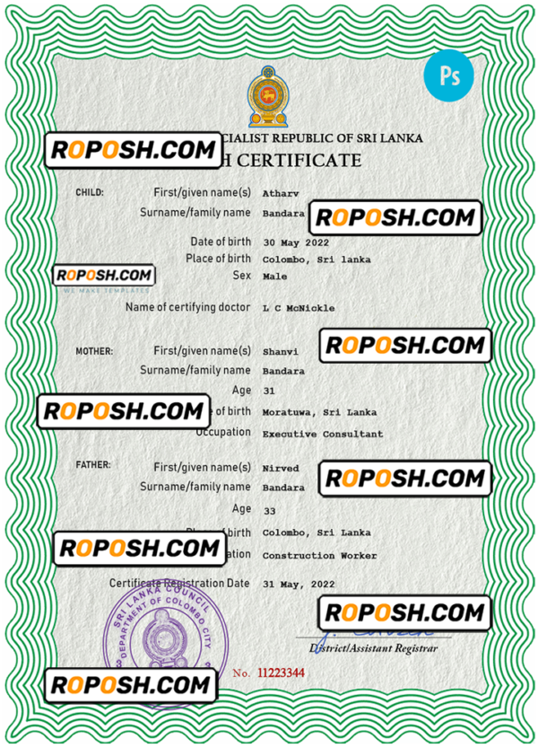 Sri Lanka vital record birth certificate PSD template