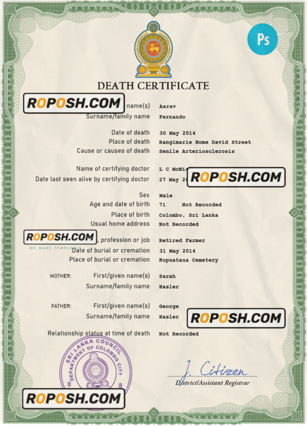 Sri Lanka vital record death certificate PSD template scan effect