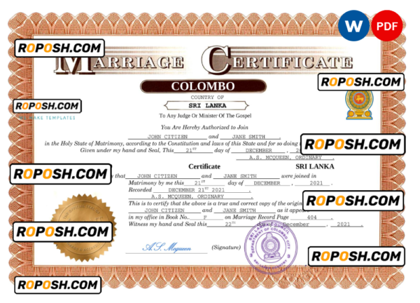 Sri Lanka marriage certificate Word and PDF template, completely editable