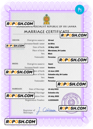 Sri Lanka marriage certificate PSD template, completely editable