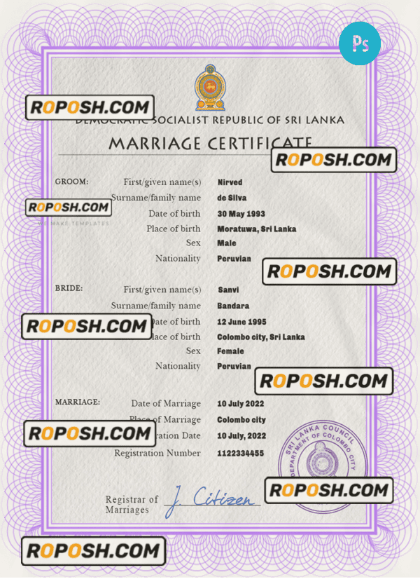 Sri Lanka marriage certificate PSD template, completely editable