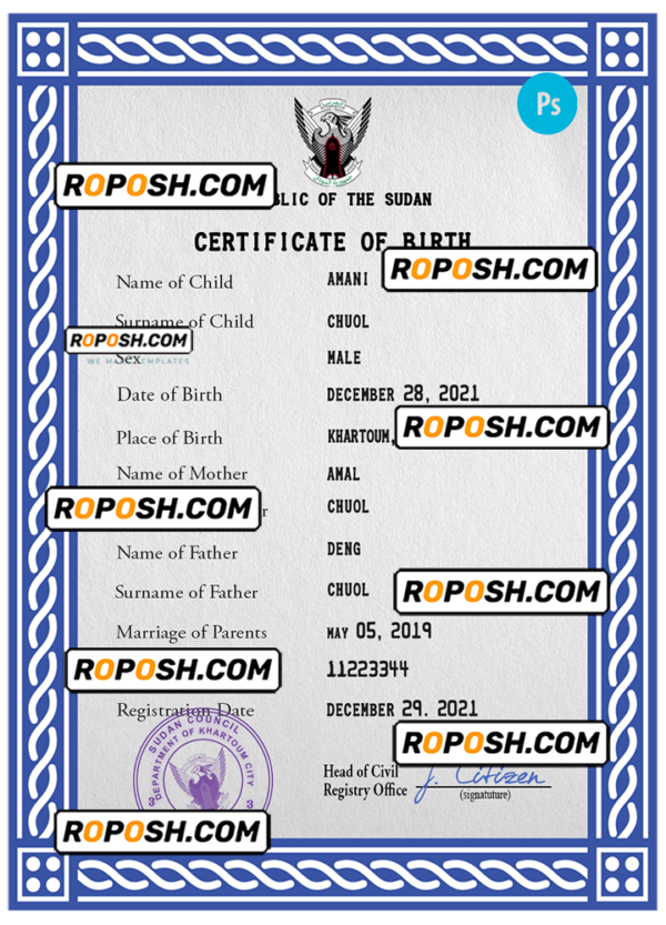Sudan vital record birth certificate PSD template