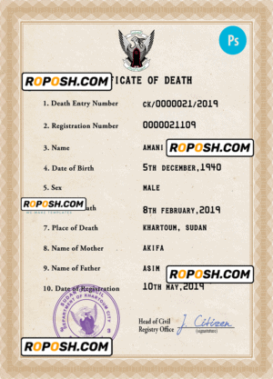 Sudan death certificate PSD template, completely editable