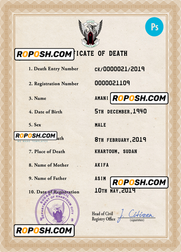 Sudan death certificate PSD template, completely editable