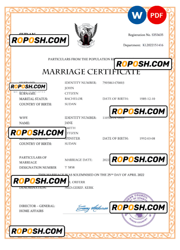 Sudan marriage certificate Word and PDF template, fully editable