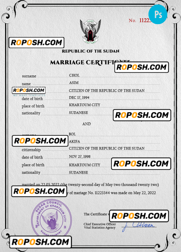 Sudan marriage certificate PSD template, fully editable