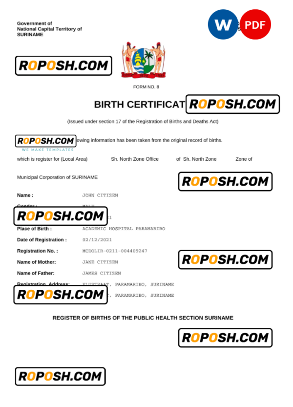 Suriname vital record birth certificate Word and PDF template, completely editable