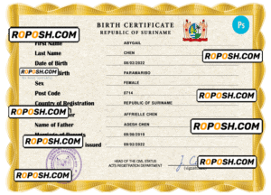 Suriname birth certificate PSD template, completely editable