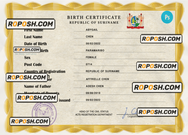Suriname birth certificate PSD template, completely editable scan effect