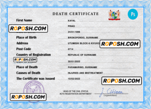Suriname vital record death certificate PSD template, completely editable