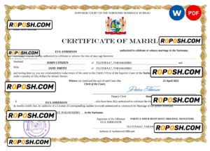 Suriname marriage certificate Word and PDF template, completely editable
