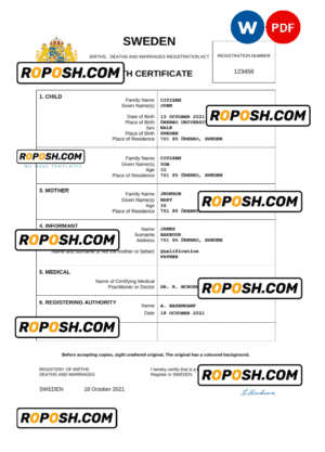 Sweden birth certificate Word and PDF template, completely editable