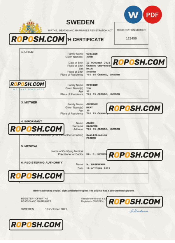 Sweden birth certificate Word and PDF template, completely editable