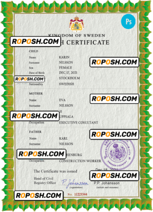 Sweden vital record birth certificate PSD template, fully editable