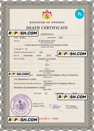 Sweden vital record death certificate PSD template, fully editable