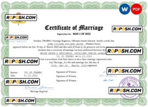 Sweden marriage certificate Word and PDF template, fully editable