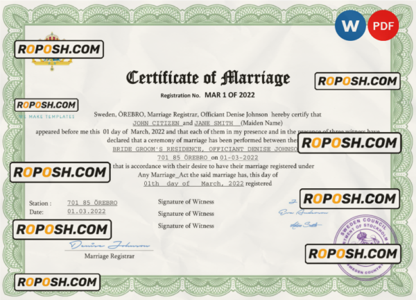 Sweden marriage certificate Word and PDF template, fully editable scan effect