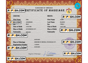 Sweden marriage certificate PSD template, fully editable