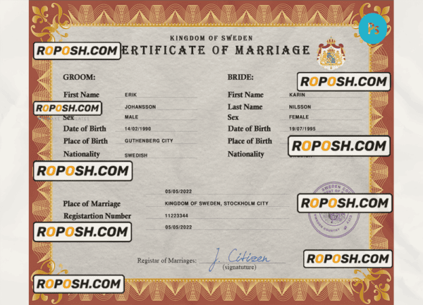 Sweden marriage certificate PSD template, fully editable