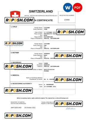 Switzerland vital record birth certificate Word and PDF template, completely editable