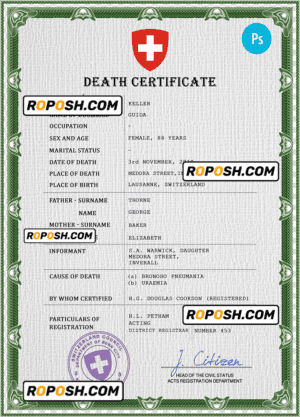 Switzerland death certificate PSD template, completely editable