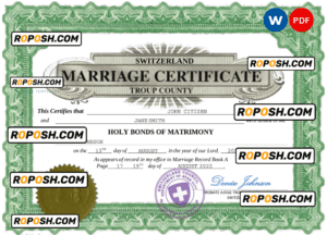 Switzerland marriage certificate Word and PDF template, completely editable