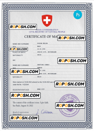 Switzerland marriage certificate PSD template, completely editable