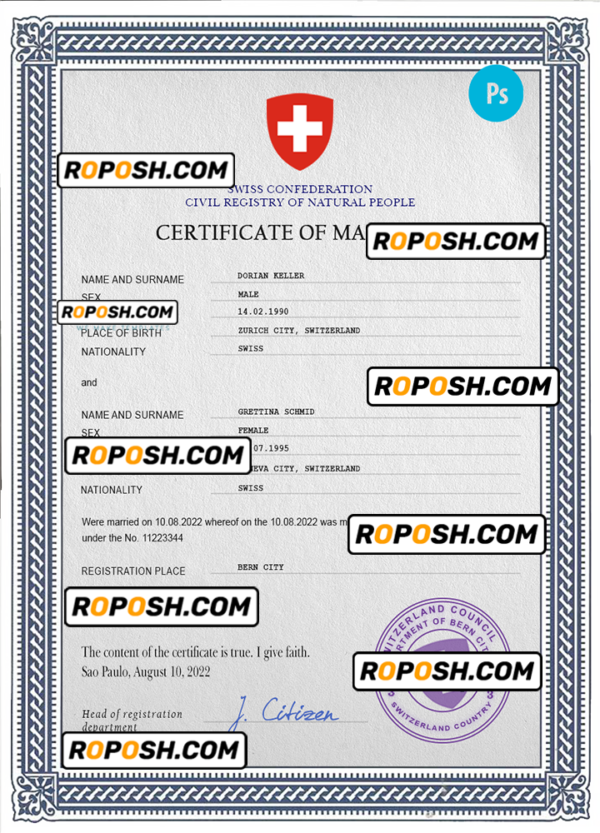 Switzerland marriage certificate PSD template, completely editable