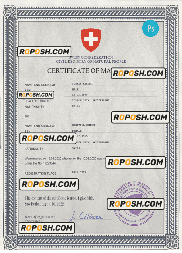 Switzerland marriage certificate PSD template, completely editable