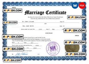 Syria marriage certificate Word and PDF template, fully editable