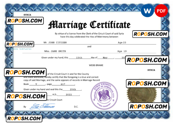 Syria marriage certificate Word and PDF template, fully editable