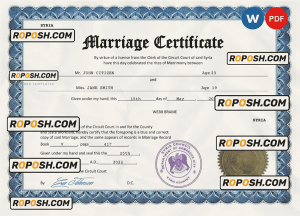 Syria marriage certificate Word and PDF template, fully editable
