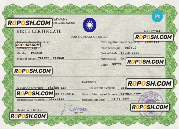 Taiwan vital record birth certificate PSD template, fully editable