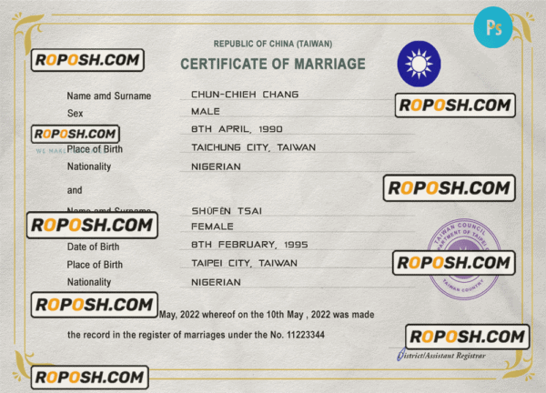 Taiwan marriage certificate PSD template, fully editable