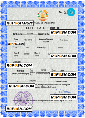 Tajikistan vital record birth certificate PSD template