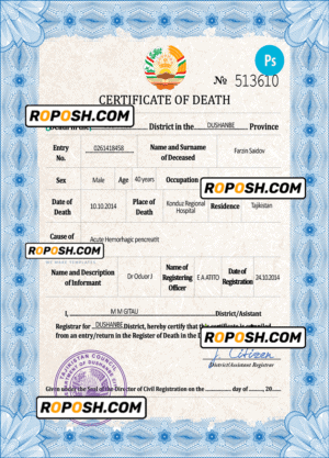 Tajikistan vital record death certificate PSD template, completely editable