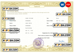 Tajikistan marriage certificate Word and PDF template, fully editable