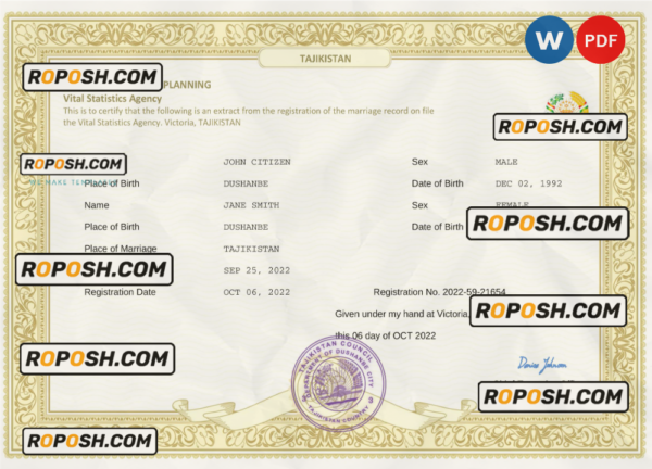 Tajikistan marriage certificate Word and PDF template, fully editable scan effect