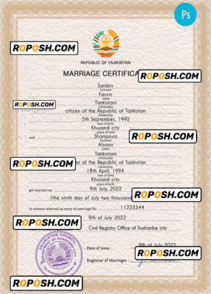 Tajikistan marriage certificate PSD template, completely editable