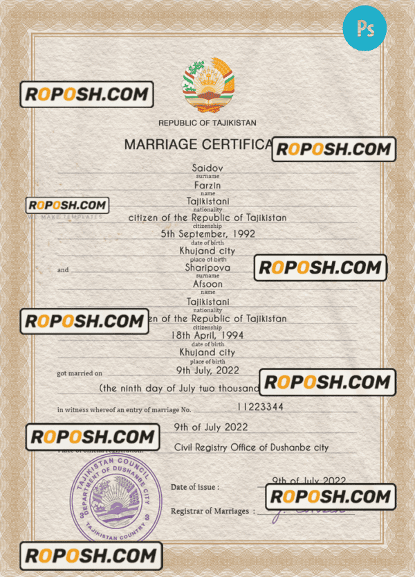 Tajikistan marriage certificate PSD template, completely editable