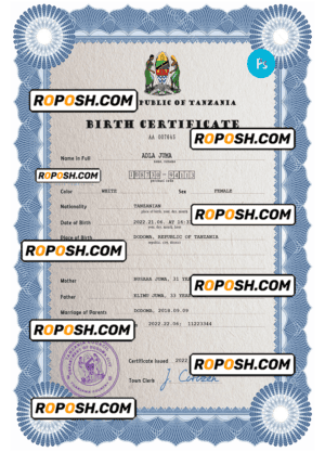 Tanzania birth certificate PSD template, completely editable