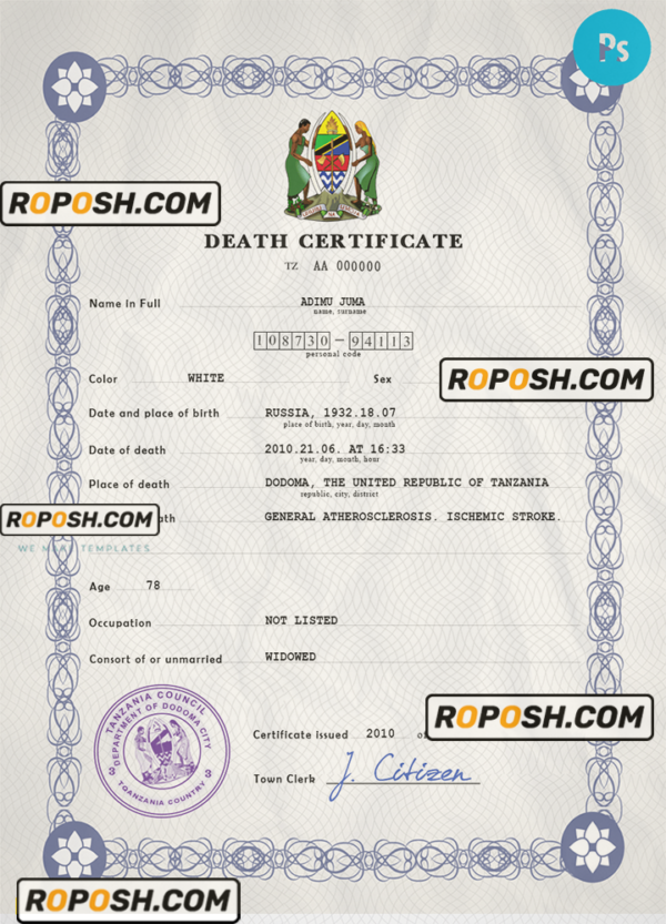 Tanzania vital record death certificate PSD template, fully editable scan effect