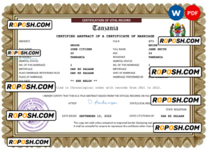 Tanzania marriage certificate Word and PDF template, completely editable