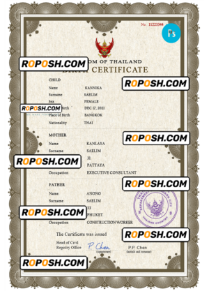 Thailand vital record birth certificate PSD template, fully editable